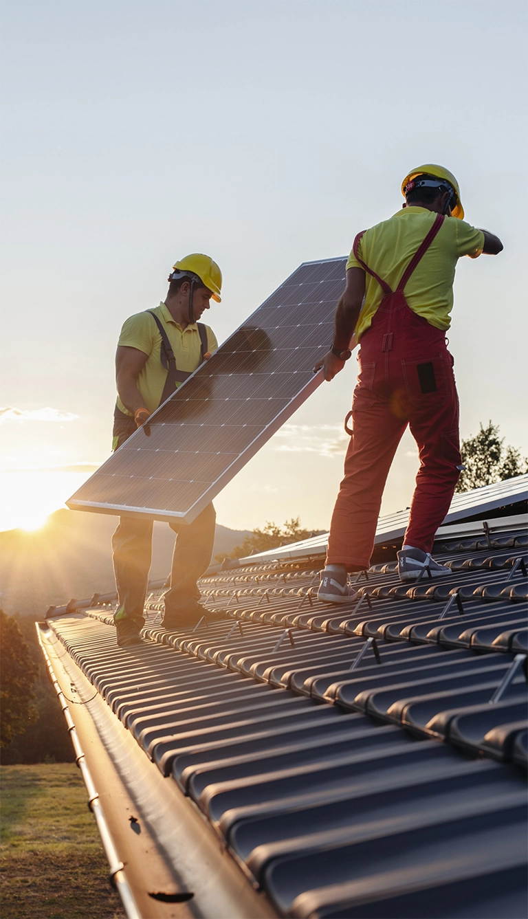 robotnicy niosący panel słoneczny